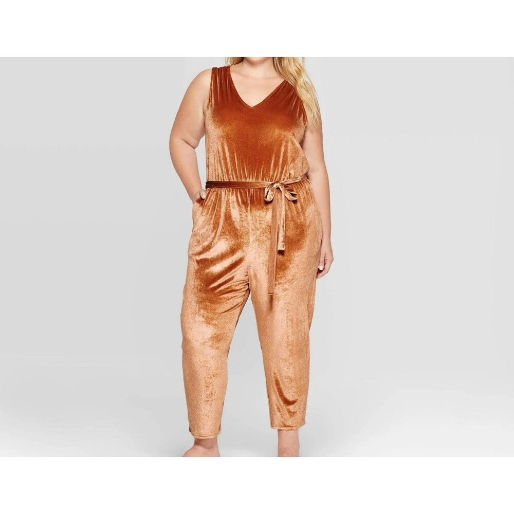 Ava & Viv Womens Sleeveless V-Neck Velour Jumpsuit  Brown 2X Elastic Boho Chic